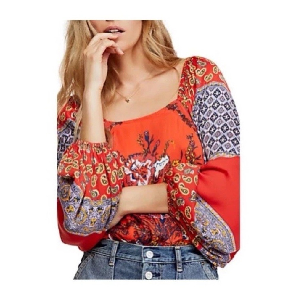 FREE PEOPLE Size XS Positano Patchwork Print Blouse Oversized Boho Chic‎
